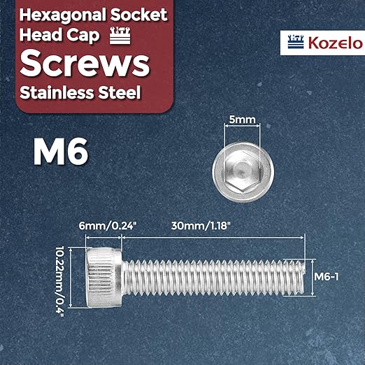 Kozelo 20pcs Socket Head Cap Screws - [M6-1 x 30mm] 304 Stainless Steel Allen Socket Drive for Electrical Motor 3D Printing Fan Engine Replacement Use, Silver