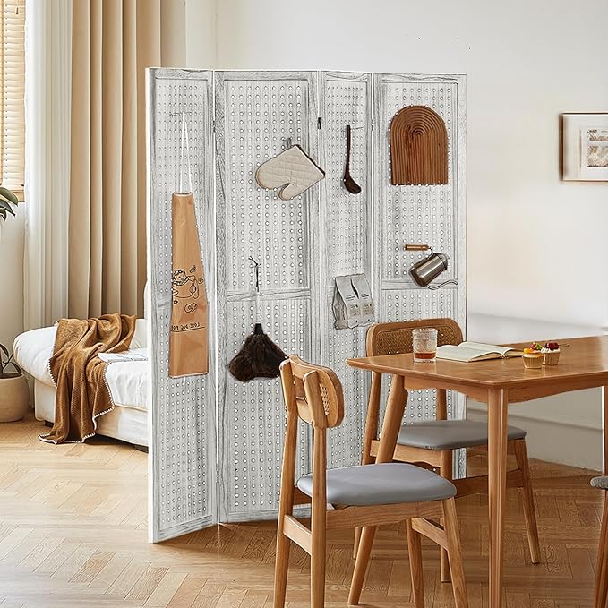 Asnefeli Pegboard Display Room Divider with 16 Hooks, 4 Panel 5.6Ft Wood Room Divider Folding Privacy Screen, Portable Freestanding Wall Organizer for Retail Craft Art Display Board, White