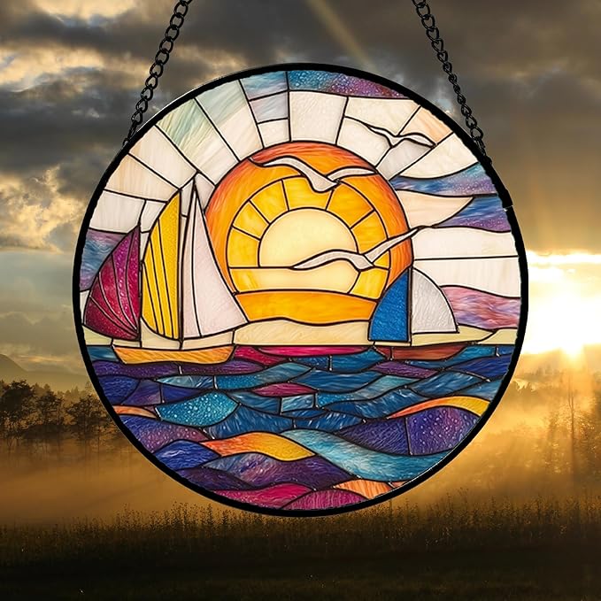DASTOLL Stained Glass Window Hanging, Sailboat and Waves Suncatcher Diamond Glass Panel Hangings Sun Catchers Decor for Birthday for Women, Men, Wife, Aunt, and Mom 14.9x14.9 in