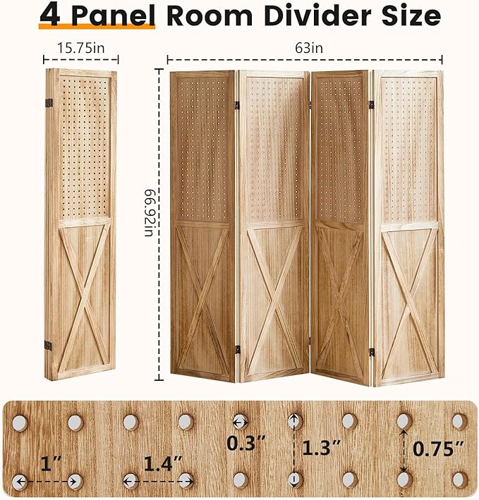 ALeesing 4 Panel Pegboard Wood Room Divider, 5.6Ft Pegboard Display Folding Privacy Screens, Peg Board Display Freestanding for Trade Show Craft Show Home Wall Organizer, Light Brown