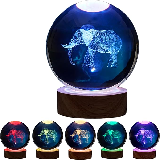 Conalisk 3D K9 Elephant Crystal Ball Lamp,Lifelike 3D LED Elephant Night Light,16 Colors Changing Light,Dimmable Remote Control,Desk lamp (I)