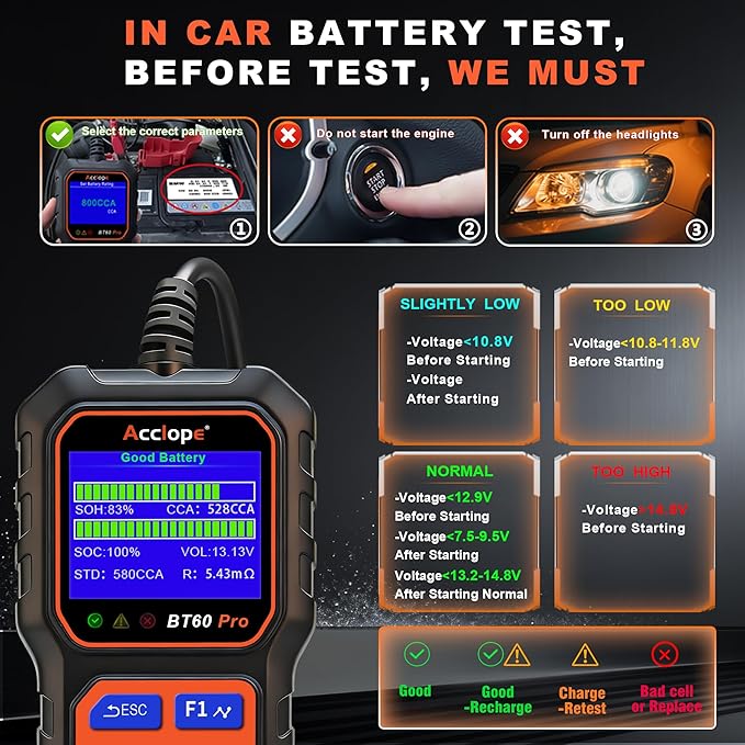 BT60 Pro Acclope Car Battery Tester with Cloud Printing 100-3000 CCA 6V 12V 24V AGM Lithium Gel Battery Checker Automotive Alternator Digital Analyzer Charging Cranking System Vehicles Truck Home-use