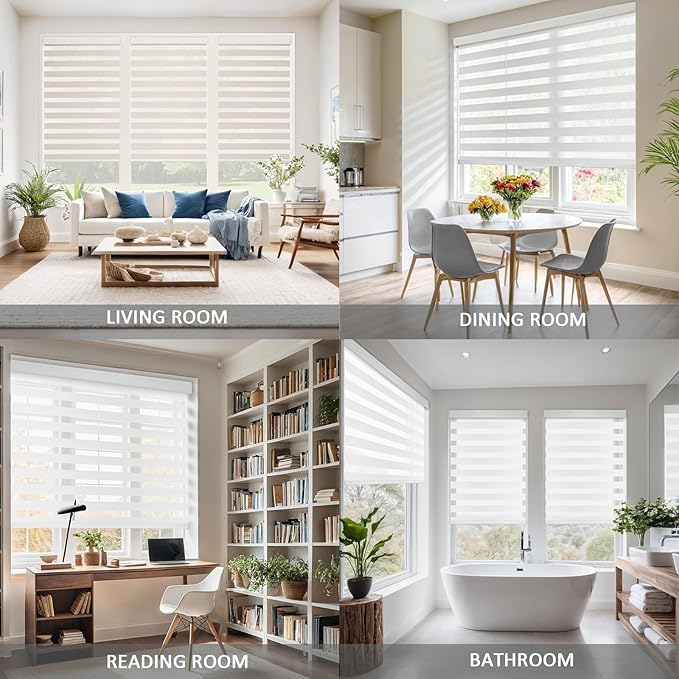 COOLWINDS Motorized Zebra Blinds for Windows Cordless Electric Curtains with Remote Control Blackout Shades Custom Smart Blinds Compatible with Alexa Google Home(Light Filtering White,W34 x H72in)