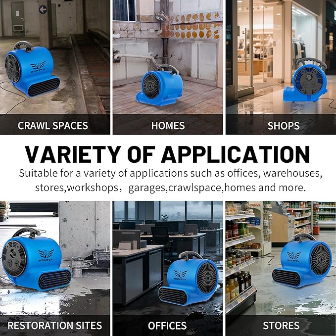 BSMTEK Air Mover Blower Fan, Industrial 1/3HP 1200CFM Monster Floor Blower Carpet Dryers - 3 Speeds Switch, 4 Adjustable Angles, 10FT Long Cord, Stackable - 2026 Upgraded