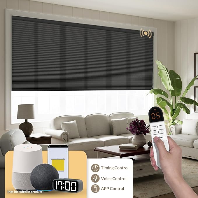 Boolegon No Drill Motorized Cellular Blinds with Remote Motorized Blackout Honeycomb Blinds for Indoor Windows Easy to Install Automatic Cellular Shades for Home,Light Filtering Black,Custom Size