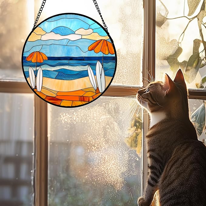 AMDERVEN Stained Glass Window Hanging 4 Pcs Set Blue Ocean Surfing Beach Large 11.8" - Suncatcher Door Garden Sun Catcher Decor Birthday Mother's Day for Firefighte Men Woman Nana Mom