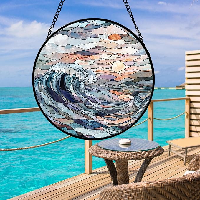 DASTOLL Stained Glass Window Hanging, Sunrise Waves Sun Catchers Diamond Glass Panel Hangings Abstract Suncatcher Decor for Birthday for Women, Men, Wife, Aunt, and Mom 14.9x14.9 in
