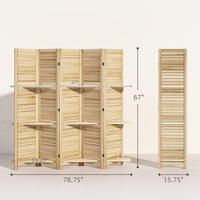 HOMCOM Room Divider, 5 Panel 67" Tall Wood Privacy Screen with 3 Display Shelves, and Folding Storage for Bedroom or Home Office, Natural Wood
