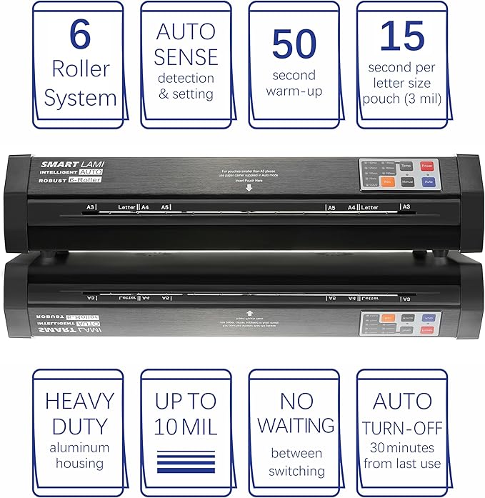 SINCHI 6-Roller Auto Sense Laminator, 13-Inch 3–10 Mil Thermal Machine, 50-Second Warm-Up, 47 in/min, Never-Jam Heavy Duty, Office & School, 11×17"