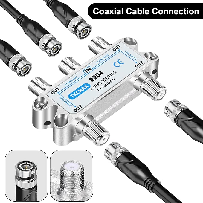 TKCHAX 4 Way Coaxial Cable Splitter,Support 10-2602MHz, RG6 Compatible, Nickel-Plated for Cable Splitter,Work with CATV, Satellite TV,Antenna System and MoCA Configurations