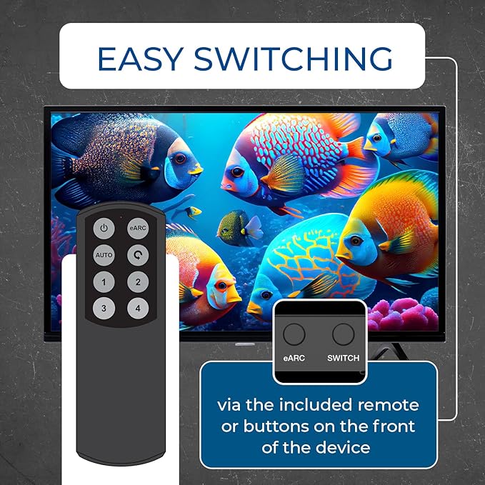 OREI 4-Port eARC 8K Audio Extractor 4x1 Switch for Monitors TVs, Extract Dolby Atmos to Convert Sound bar 4K @ 120hz 18G ARC HDCP 2.3 Perfect for 8K Displays, CEC, Remote Control Works for Sonos Bose