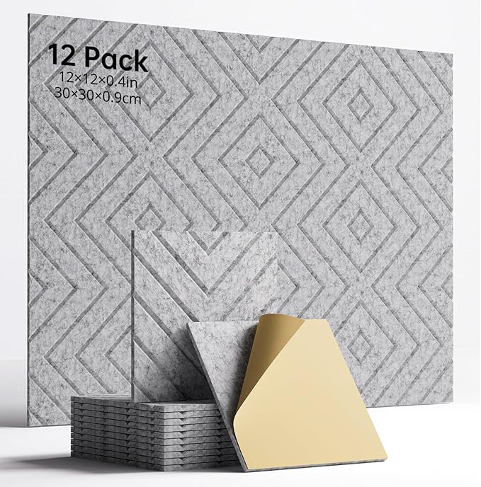 Woovio Sound Proof Foam Panels for Walls, 12 Pack Self-Adhesive Acoustic Panels, 12" X 12" X 0.4" Soundproof Wall Panels for Door, Ceiling, Home Office Gray