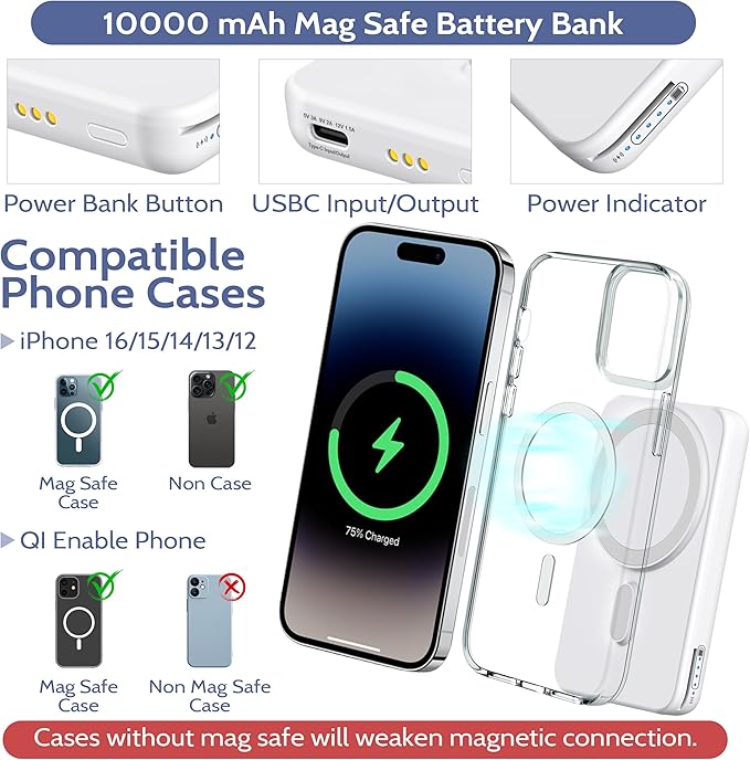 Smtcsl 3-in-1 Wireless Charging Station: Portable 10000mAh Power Bank Charger Compatible for Phone Air/17/16/15/14/13/12 Series and Watch - Detachable Magnetic Charging Stand White