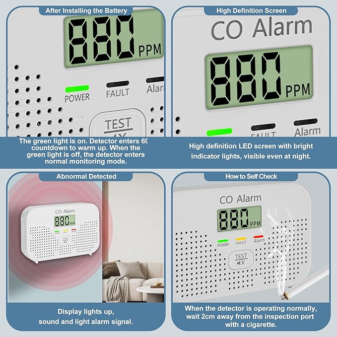 Carbon Monoxide Detector Powered by AA Battery (not Included), CO Monitoring Alarm with LCD Display Screen, Used for Home Basement Kitchen, Hotel Garage, Bedroom, Living Room Voice Alarm 6 Pack