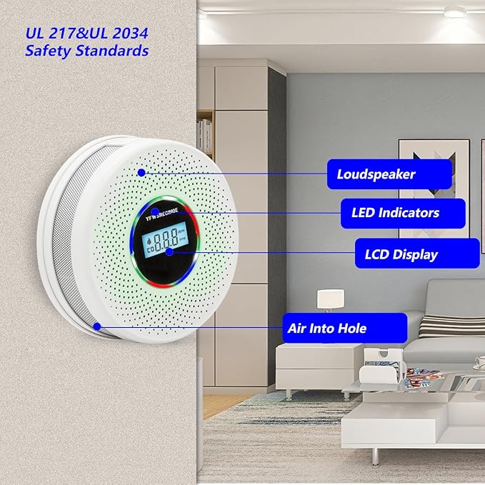 Yfwsrecinoe 2 Pack Upgraded Combination Smoke and Carbon Monoxide Alarm Detector, Dual Sensor Smoke Alarm&Carbon Monoxide Detector (Includes Battery)