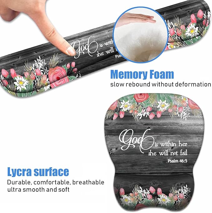 Ergonomic Mouse Pad Wrist Support and Keyboard Wrist Rest Set with Coasters, Non-Slip PU Base, Easy Typing & Pain Relief for Computer Laptop Home Office, Floral Quote Bible Verse Psalm 46:5
