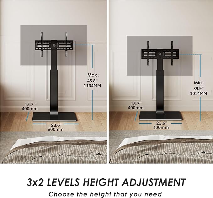 FITUEYES Swivel Floor TV Stand with Mount for TVs 37 43 50 55 60 65 70 75 Inch LCD LED Flat/Curved Screens Universal Swivel Televisions TV Mount Stand for Bedroom Living Room Black Tempered Glass Base