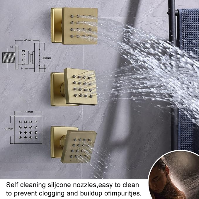 KATAIS Tempreature Display Shower System Brushed Gold Shower Faucet Set with Wall Mount 8 inch Shower Head and 6 PCS Body Jet, Handheld Spray