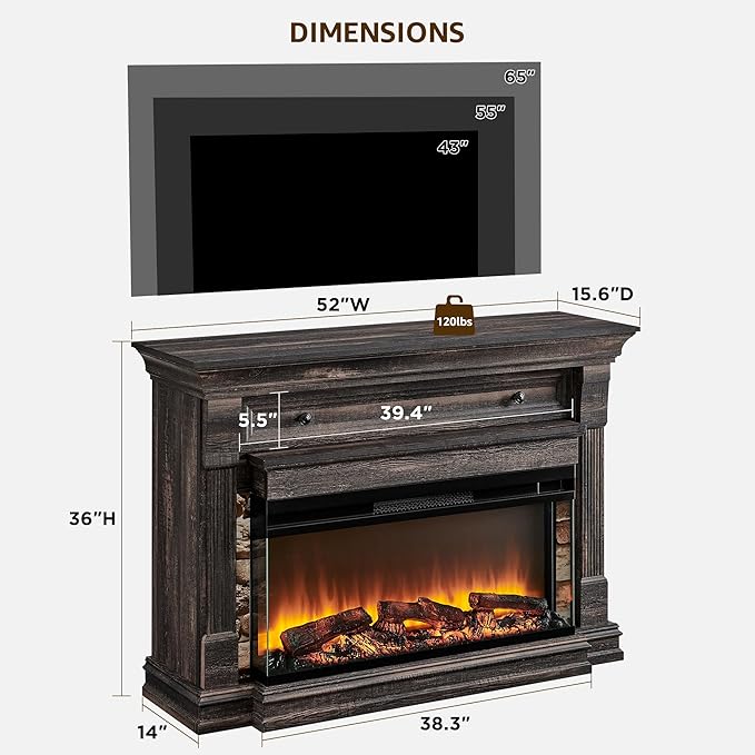 OKD 52 Inch Electric Fireplace with Mantel, Fireplace TV Stand with 36" 3-Sided Glass Electric Fireplace Heater for Living Room, Dark Rustic Oak