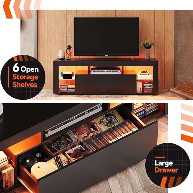 WLIVE TV Stand with LED Lights & 2 Large Storage Drawers, Modern Entertainment Center for 32/43/50/55/60 Inchs TVs, Sturdy TV Console for Living Room, Bedroom(Black)