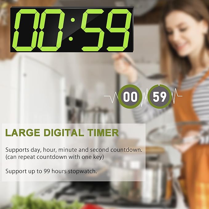 CHKOSDA LED Large Digital Wall Clock, Oversize Digital Clock with 6” Numbers, Remote Control Count up/Countdown Timer Clock, Auto Dimmer, Big Calendar and Thermometer（Yellow