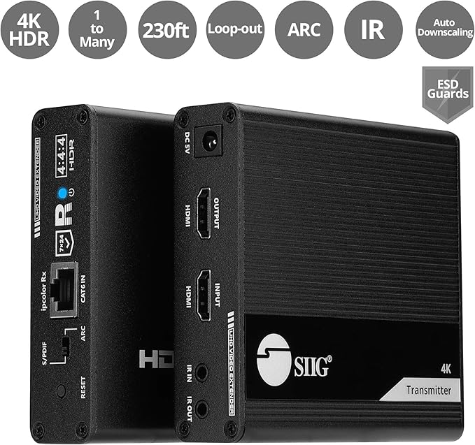 SIIG 230ft 4K HDMI Extender with Loop-Out & Daisy Chain, HDMI 2.0 HDR Balun, HDCP 2.2, EDID Learning, Near Zero Latency, ARC & Audio Extractor, Mounting Kit (CE-H26M11-S1)