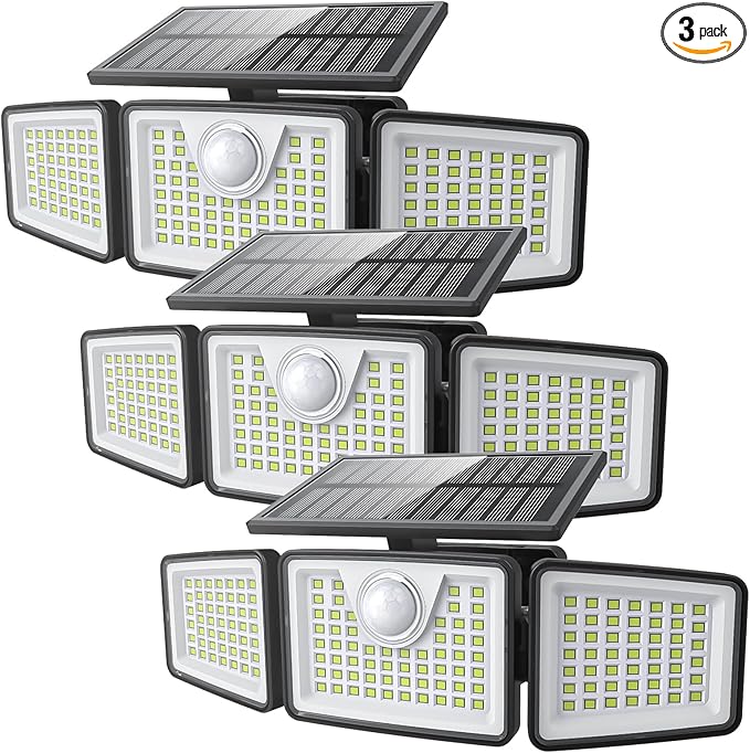 daphino 2500LM Solar Lights Outdoor with Motion Sensor,3 Head 270° Wide Angle Street Area Lights,IP65 Waterproof Security Lighting with 3 Modes(Remote,3 Pcs)