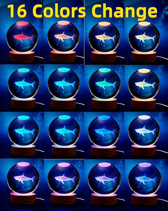 3D Crystal Ball Shark Lamp,Lifelike 3D LED Shark Night Light,16 Color Changing Light,Dimmable Remote Control