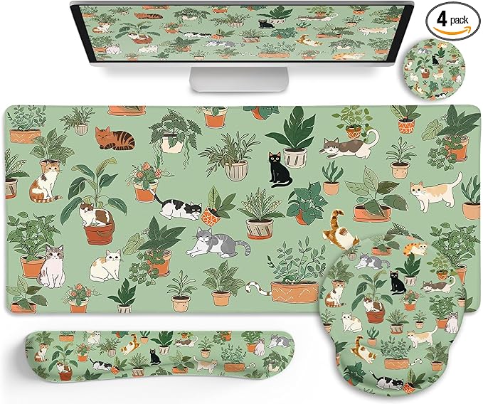 LIMKRIAN Cat Mouse Pad XXL Desk Mat Set, Green Ergonomic Mouse Pad with Wrist Rest, Large Gaming Mousepad Wrist Support Keyboard Mat Cup Coaster Set Cute Office Desk Decor Accessories