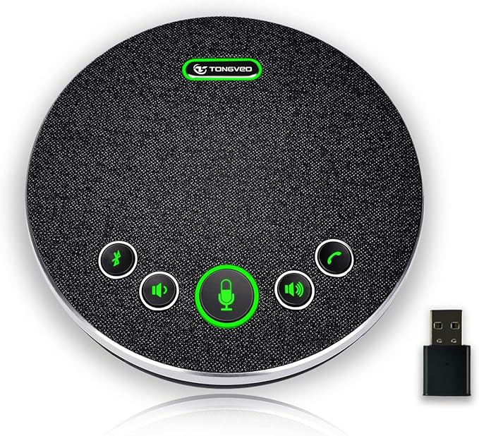 TONGVEO Bluetooth Speakerphone Conference Microphones, Wireless Conference Speaker 360°Voice Pick up with 4 AI Noise Cancellation Mics USB/Dongle/Bluetooth Connection 8 Hour Call Time for 8-12 People