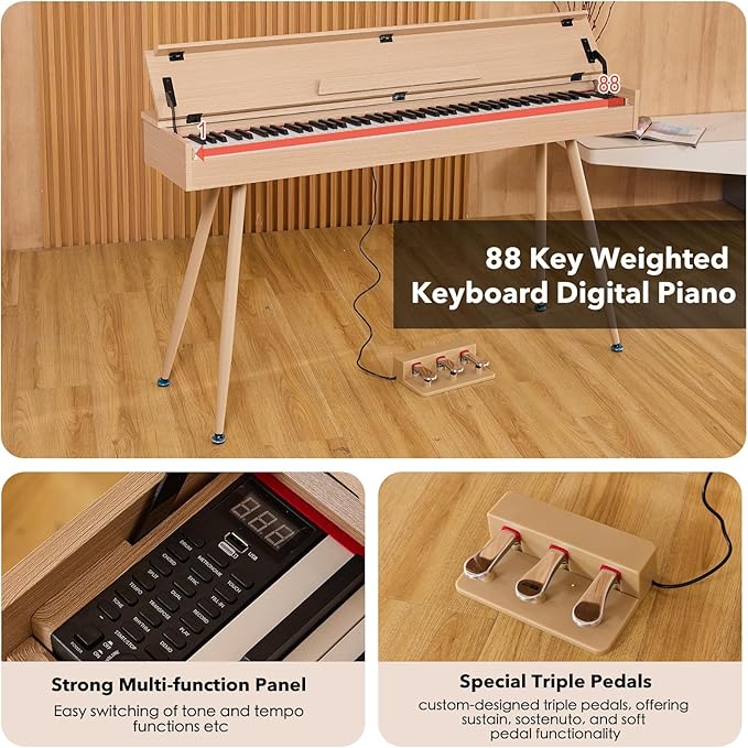 KUMENG Digital Piano 88 Key Weighted Keyboard,Full-Size Desk Progressive Hammer-Action Electric Piano For Beginners, With Sheet Music Stand, Pedal,Power Adapter, Headphone Mode, Usb-Mid (Maple)