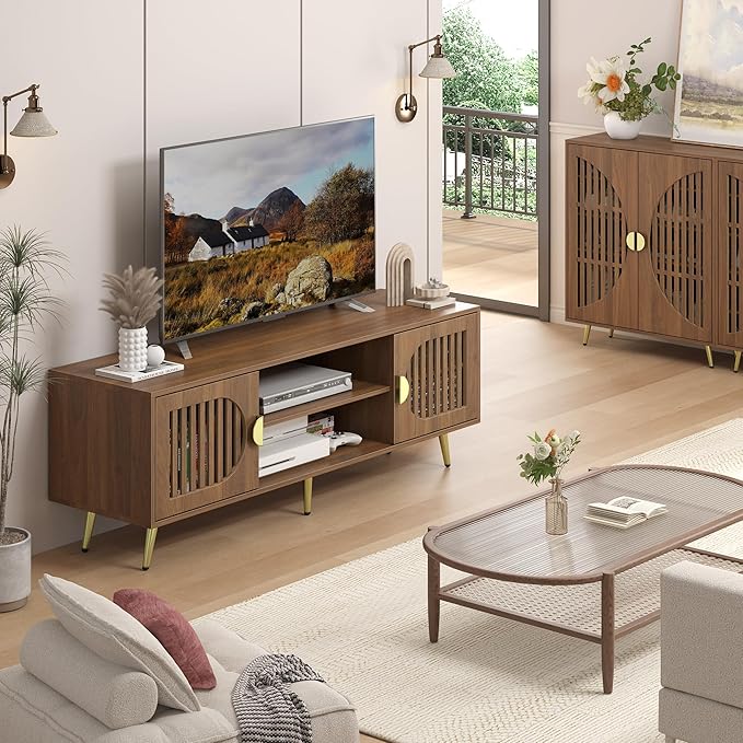 Dorivibe 54.33" Walnut TV Stand for TVs up to 60 Inch, Mid Century Modern Entertainment Center Console Table with Storage Cabinet, Wood Media Furniture for Living Room, Bedroom