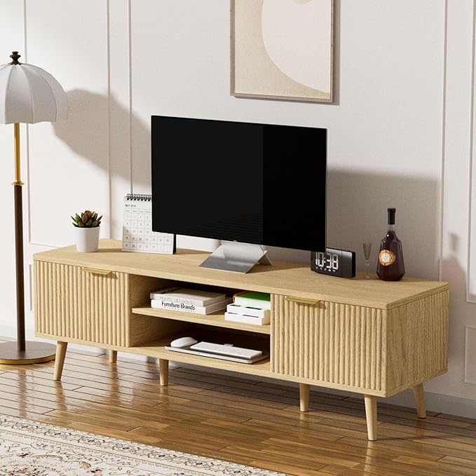SHGJ&SOFT Storable TV Stand 65 Inch,Mid Century Modern TV Console Two Cabinet Doors with Open Partition in The Middleby by Wooden for Living Room,Bedroom. (Wooden, 1PC)