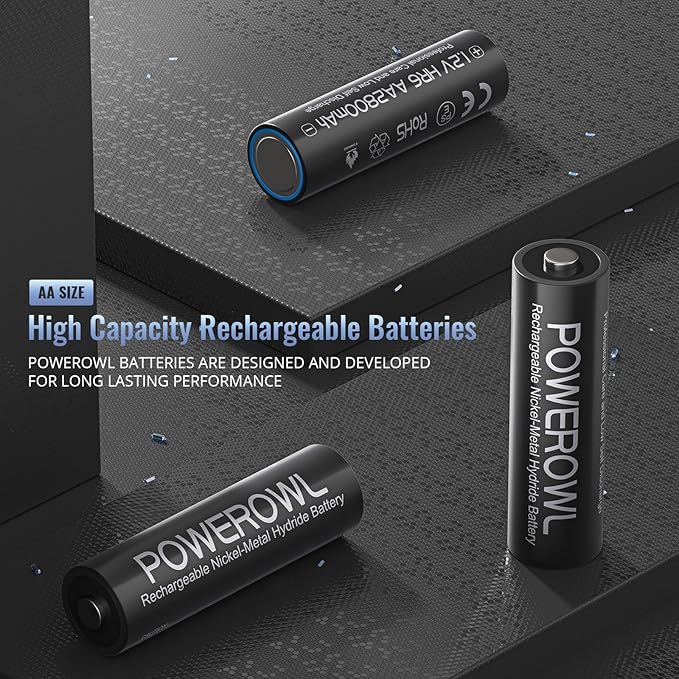 POWEROWL AA Batteries Rechargeable Kit, High Capacity 2800mAh 1200 Cycles 1.2V NiMH Double A Battery - 8 Count w/Charger