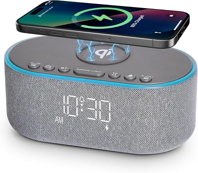 Odokee Wireless Charging Alarm Clock Radio: Qi Certified Fast Wireless Charger for iPhone Samsung - 10W Stereo Bluetooth Speaker - Dimmable Digital Clock with FM Radio for Bedroom Gray