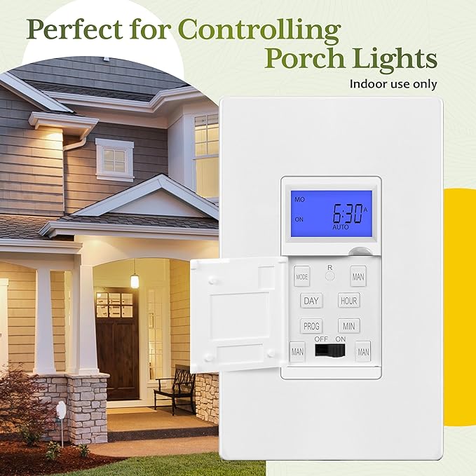 TG 7 Days Digital in-Wall Programmable Timer Switch for Lights, Fans, and Motors, Single Pole, Neutral Wire Required, 18 ON/Off Timer Settings, with Blue Backlight, White