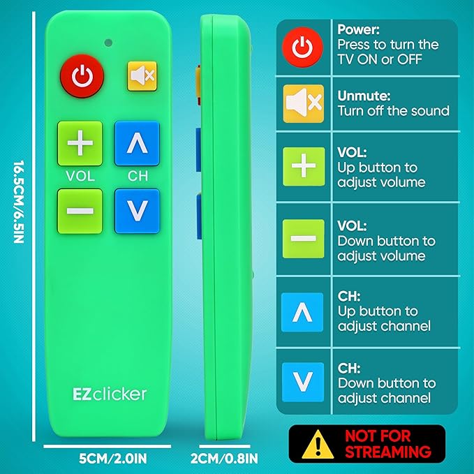 EZclicker TV Remote for Seniors, Extra Simple Big Button Remote (Green) Works with Major TV Brands, NOT for Streaming (2xAAA Batteries Not Included)