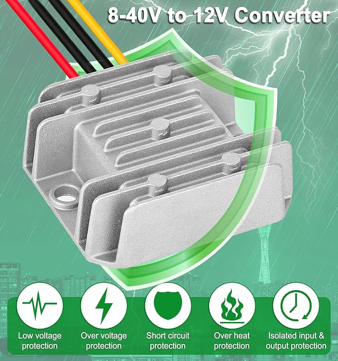 DC 8-40V to 12V Converter 3A 36W Regulated Voltage Power Converter IP68 Waterproof Transformer for Golf Cart Truck Boat Vehicle
