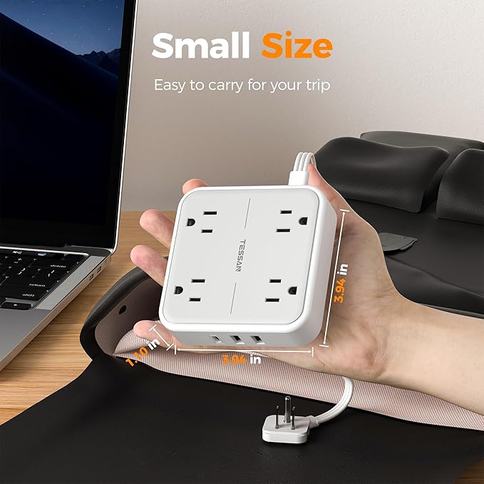 TESSAN Short Extension Cord, 1 Ft Ring Pull Surge Protector Power Strip with Multiple Outlets, 3 USB (1 USB C) 4 Outlets, 900J Surge Protection, Desktop Charging Station for Home, Office, Dorm Room