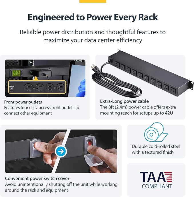 StarTech.com 16-Outlet Horizontal Rack Mount Metered PDU, 1U Server Power Strip w/Surge Protector, 8ft/2.4m Power Cable, TAA