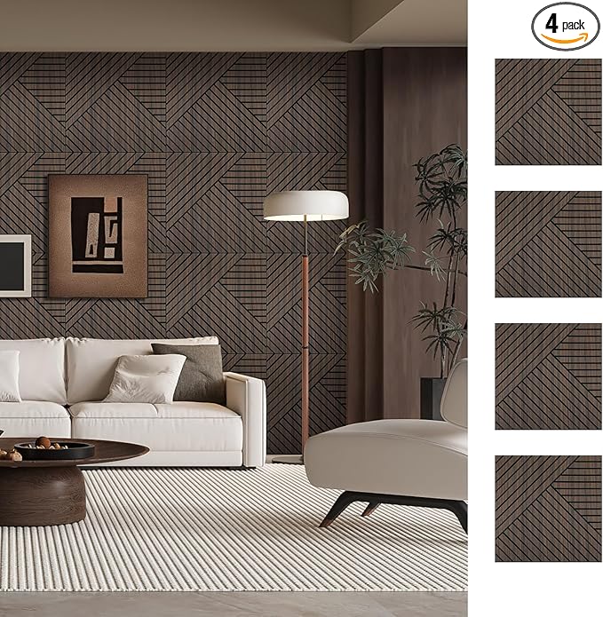 ARMURO 4 Packs Acoustic Wall Panels - Self-Adhesive 3D Wood Slat Wall Panel- Peel and Stick Sound Absorbing Panels for Noise Reducing - Feature Wall Decor for Home & Office