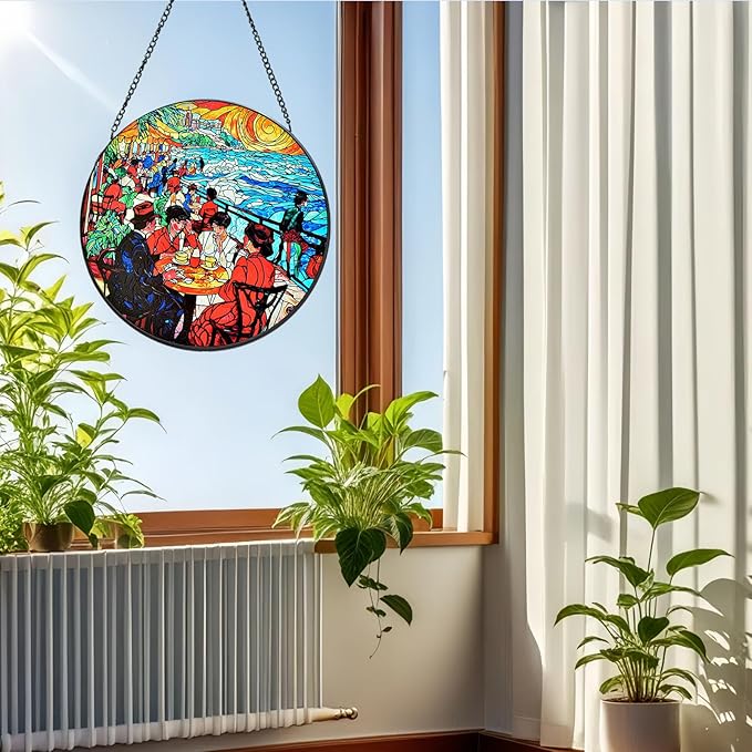Stained Glass Window Hanging, Stunning 8''/20CM Suncatchers for Windows with Fade Resistant Hand-Painted Decorative Hanging Ornaments Captures Sunlight to Create a Vibrant Atmosphere (Beach Cafe)