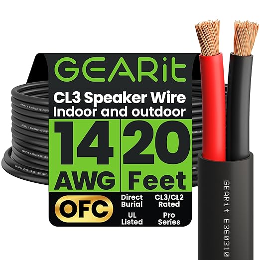 GEARit Outdoor Speaker Wire CL3 Rated, 14 Gauge Speaker Wire, Speaker Cable 20 ft for Outdoor Speakers, Patio, Garden, Backyard Audio, Direct Burial in Ground/in Wall, OFC (Brown, 2-Conductors)