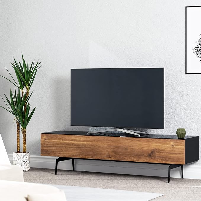 SONOROUS ST-360 Premium TV Stand for Living Room – Modern TV Stands & Entertainment Center with Storage – Black Glass & Walnut Wood Cover – Luxury Media Console with Metal Legs for TVs up to 75 inches