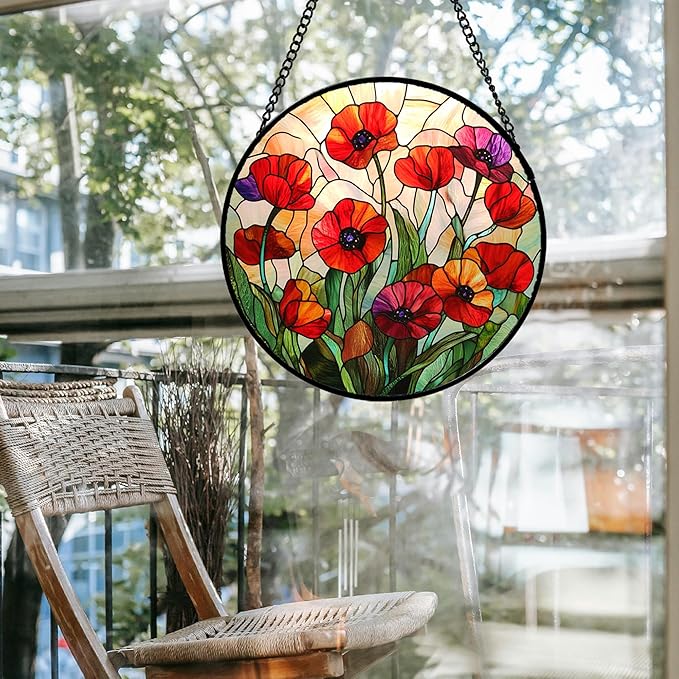 CRISGIF Stained Glass Window Hanging - Poppy Birth Flowers Suncatcher for Door Garden Yard Wildflowers Sun Catchers Decor Christmas Mother's Day Birthday Gifts for Women Mom Nana Friend 7.8 in