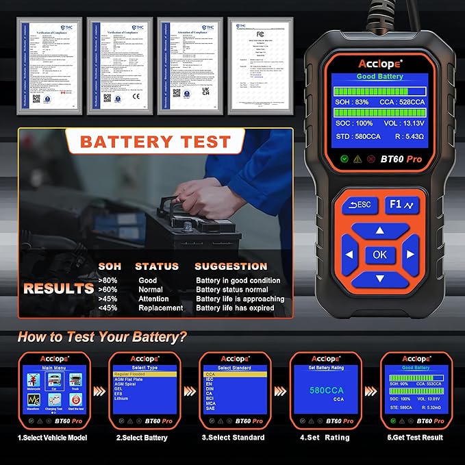 BT60 Pro Acclope Car Battery Tester with Cloud Printing 100-3000 CCA 6V 12V 24V AGM Lithium Gel Battery Checker Automotive Alternator Digital Analyzer Charging Cranking System Vehicles Truck Home-use