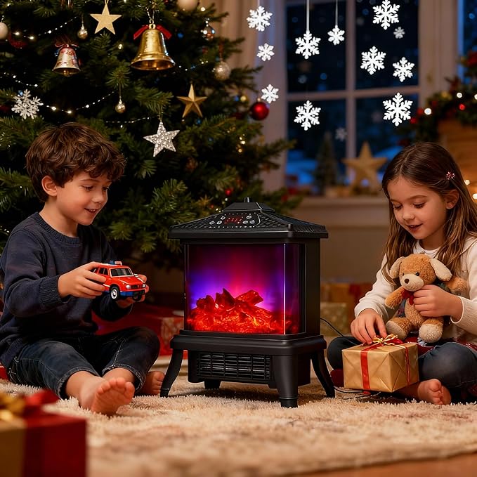 18-inch Freestanding Electric Fireplace, Equipped with 1500W/1650W Electric Wood Fireplace Flame Effect, Featuring Realistic Flames, 3-Second Quick Heating, Remote Control, and Adjustable Lighting