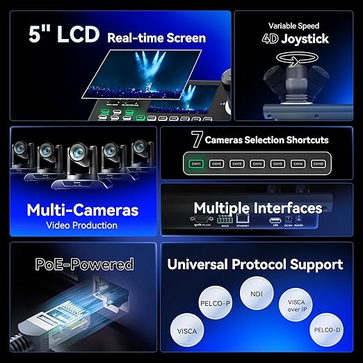 Tenveo NDI PTZ Camera Controller, 5'' LCD Screen Preview, 4D Joystick, PoE IP PTZ Controller Keyboard for Church Worship Live Streaming Broadcasts Events Video Production, NDI License Included