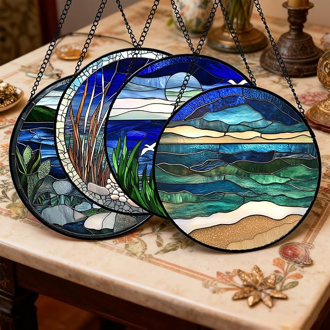 AMDERVEN Stained Glass Window Hanging 4 Pcs Set Navy Blue Ocean Landscape 7.8" - Suncatcher Door Garden Sun Catcher Decor Birthday Mother's Day for Mom Woman Nana Girl Boy Friend