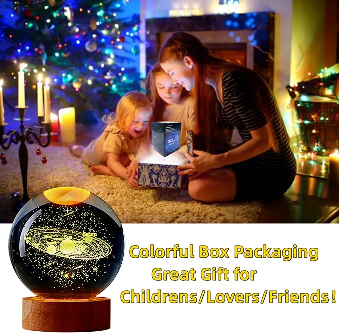 Conalisk 3D Solar System Crystal Ball Lamp,3.15 Inch K9 Crystal Ball Night Light with Wooden Base,16 Colors Changing with Remote Control,3D Planet Laser Engraving Holographic Light (Solar System)